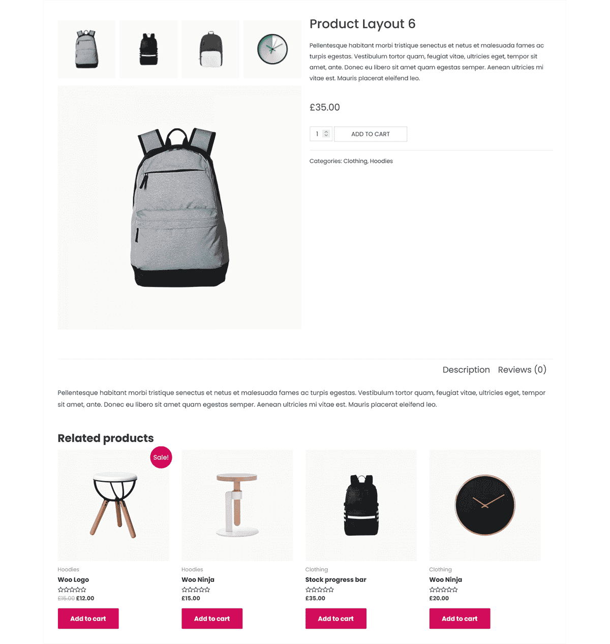 Modern layout showcasing a gray backpack with circular product thumbnails and related items