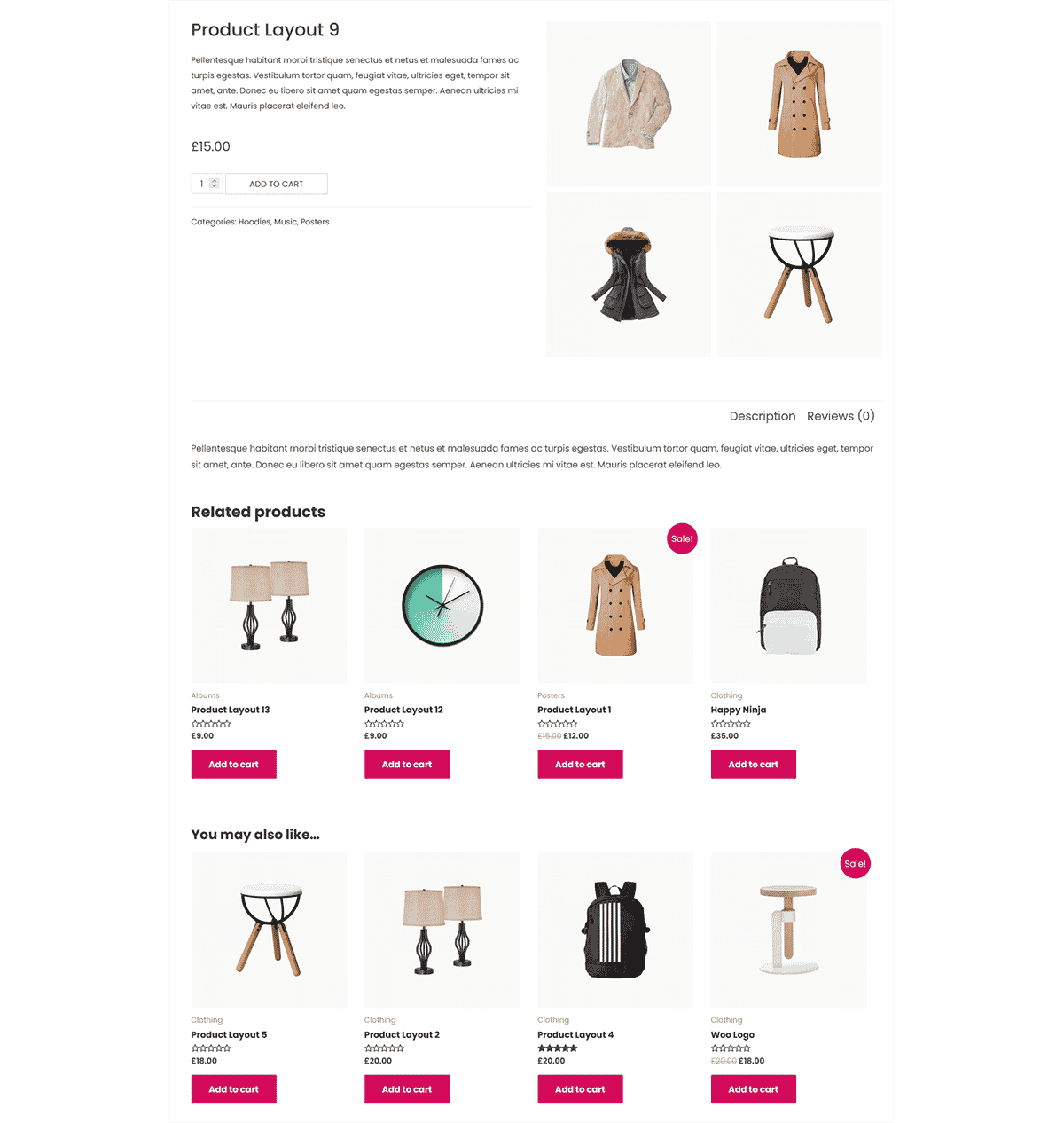 Single product page featuring a video gallery with multiple product images, detailed description, and extensive related product suggestions.