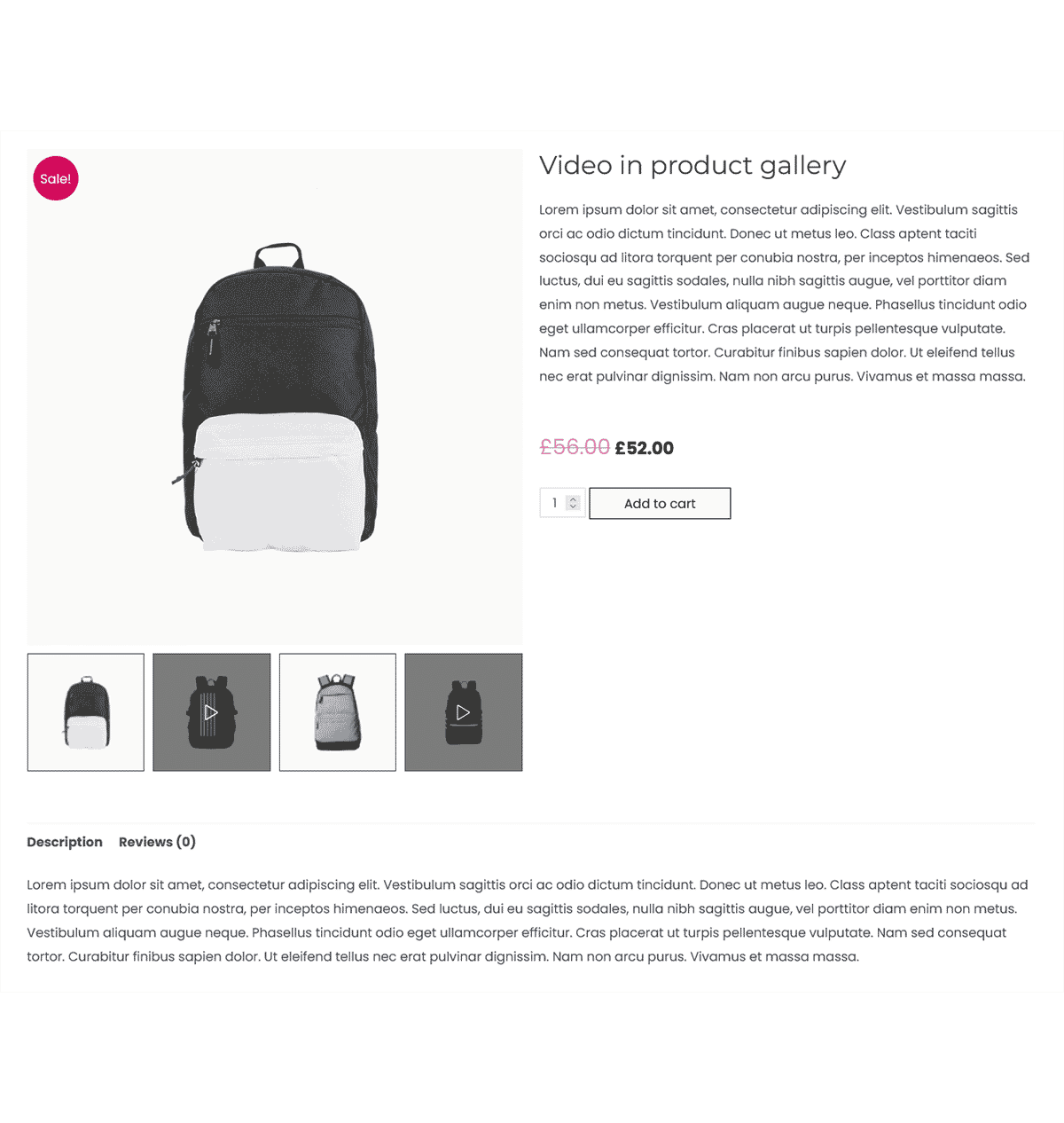 Single product page showcasing a backpack with a video gallery, product thumbnails, pricing details, and product description tab below.
