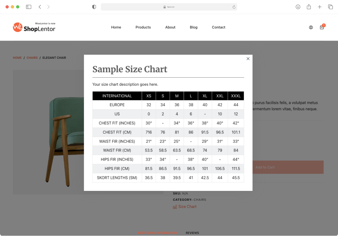 ShopLentor size chart popup interface displaying comprehensive sizing information with international conversion tables for clothing dimensions