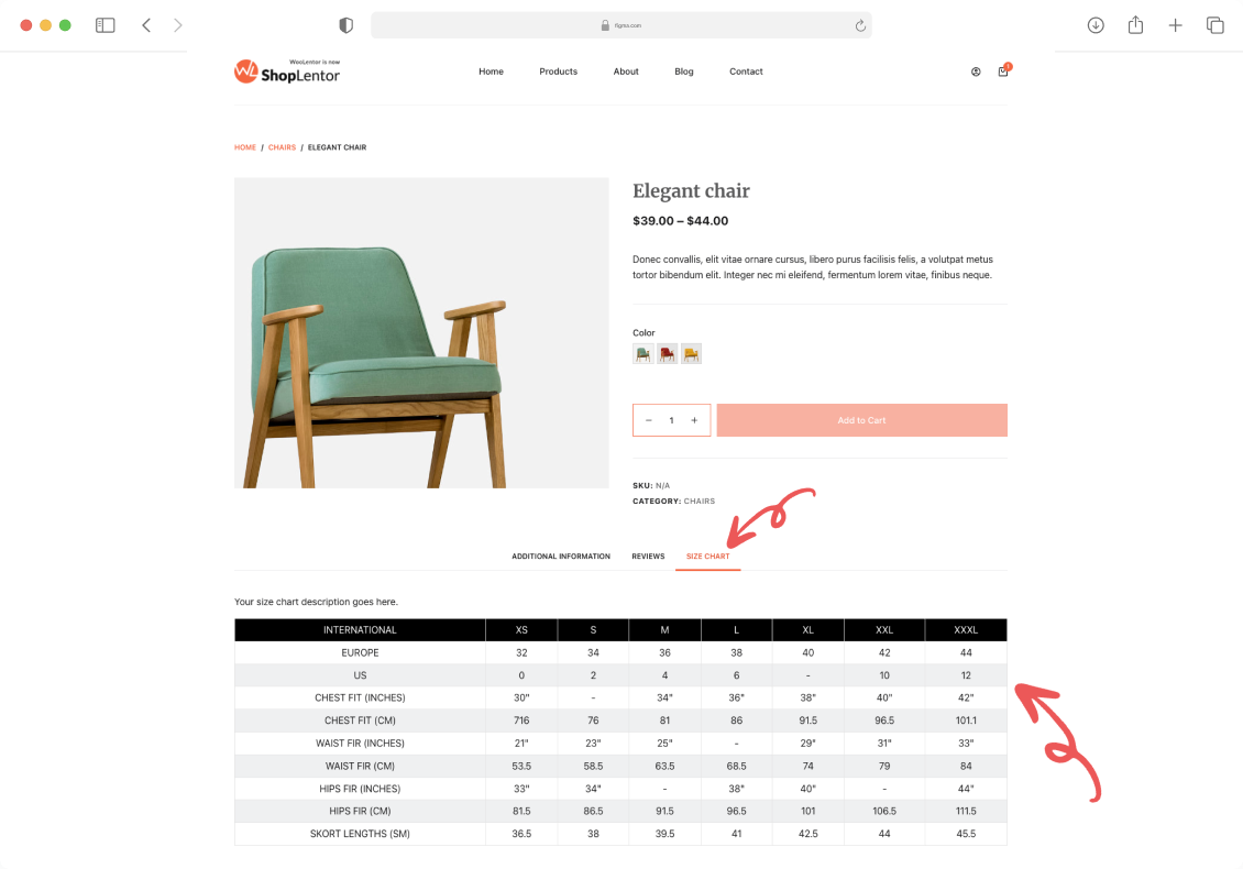 WooCommerce product page showing size chart in additional information tab with detailed measurements for Elegant chair