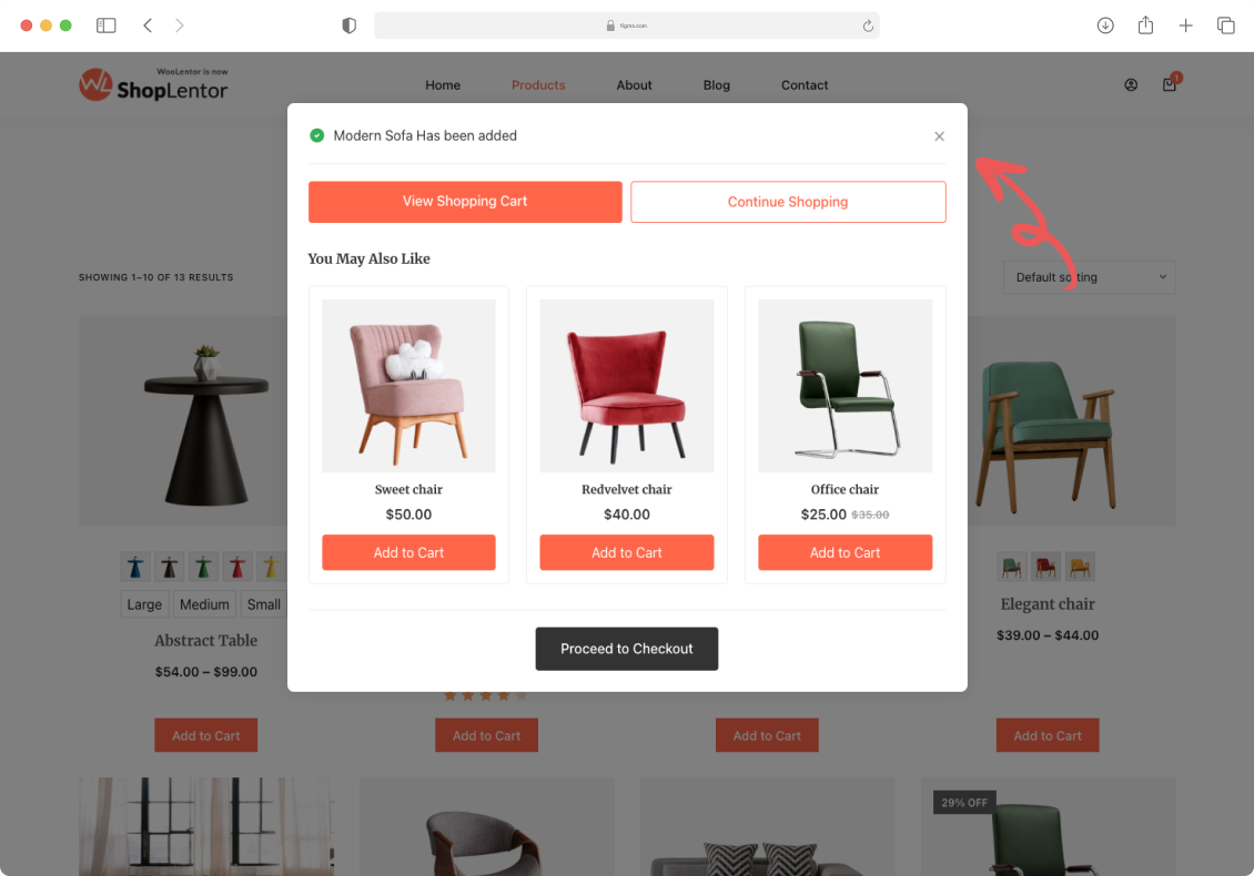 WooCommerce store showing ShopLentor smart cross-sell popup with 'You May Also Like' product recommendations after adding Modern Sofa to cart, displaying complementary chair options with add to cart buttons