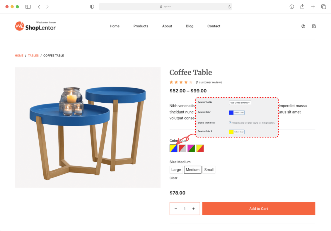 Coffee Table product page with expanded color selection interface showing multiple swatch options and color palette