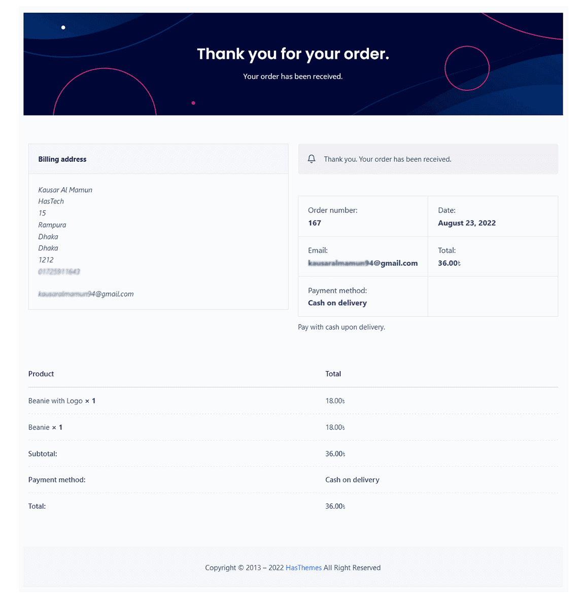 Thank you page with a dark blue and pink header, displaying order summary, billing details, and product breakdown in a clean layout.