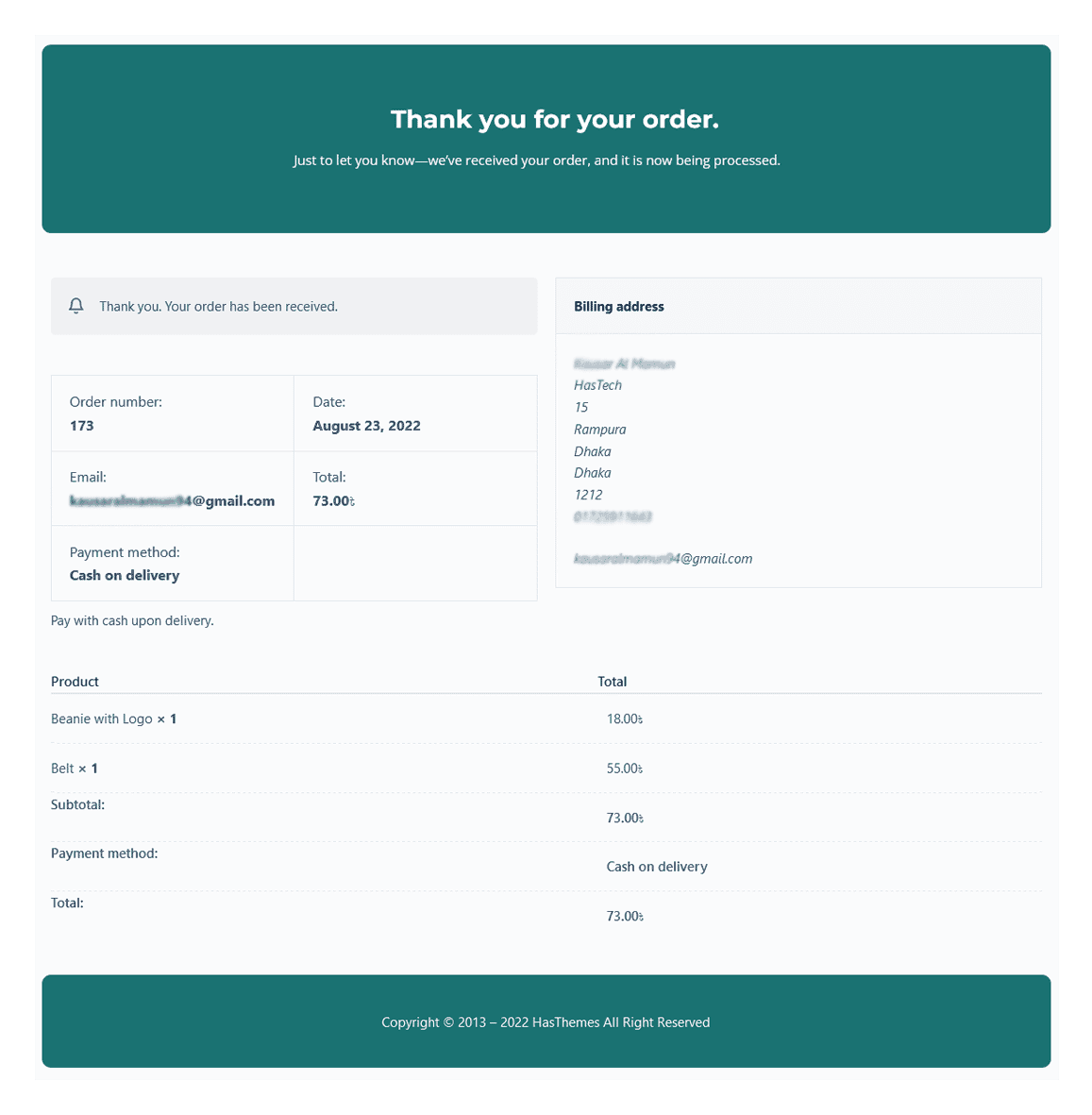 Minimalist thank you page with a teal-green header, showing order number, billing address, and payment method in two-column format.