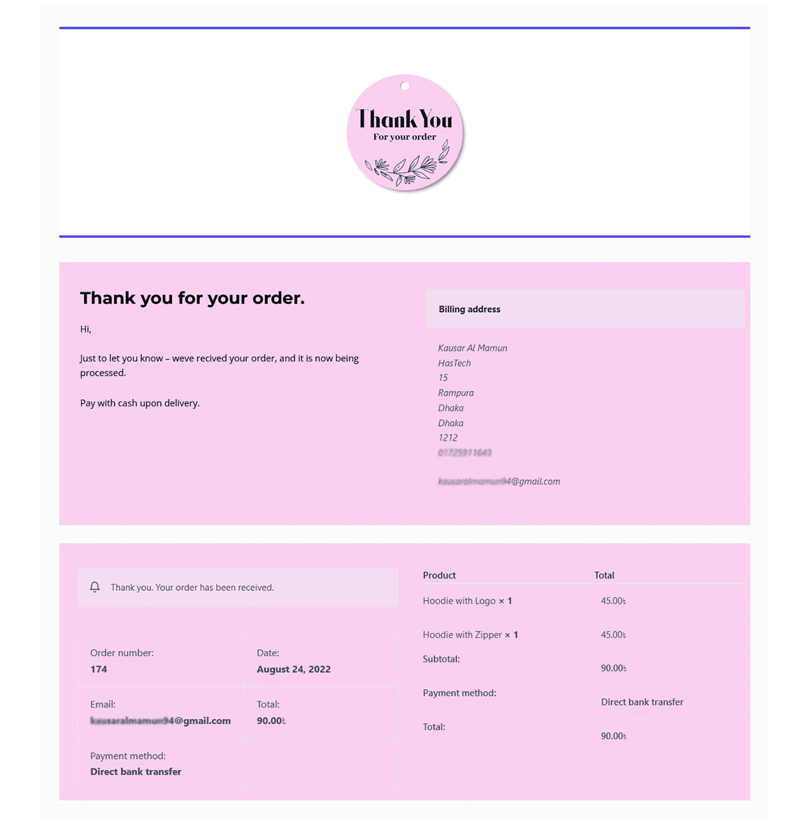Thank you page in a pink theme with a circular thank you badge, organized details for billing, products, and payment information.