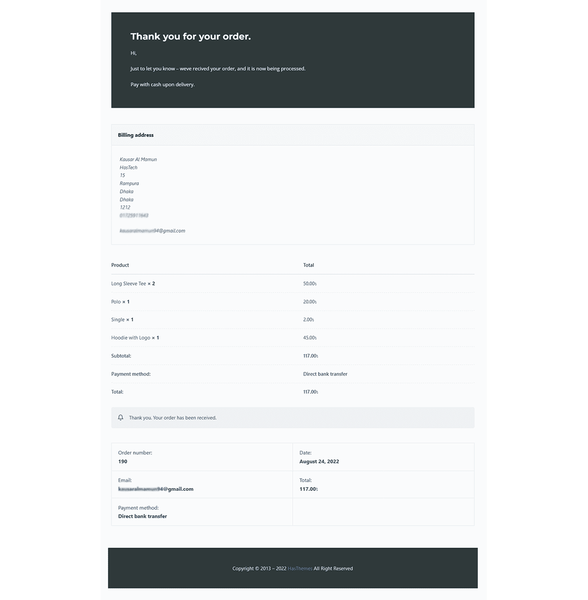 Dark-themed thank you page with a black header, clean white content area showing product list, total cost, and customer information.