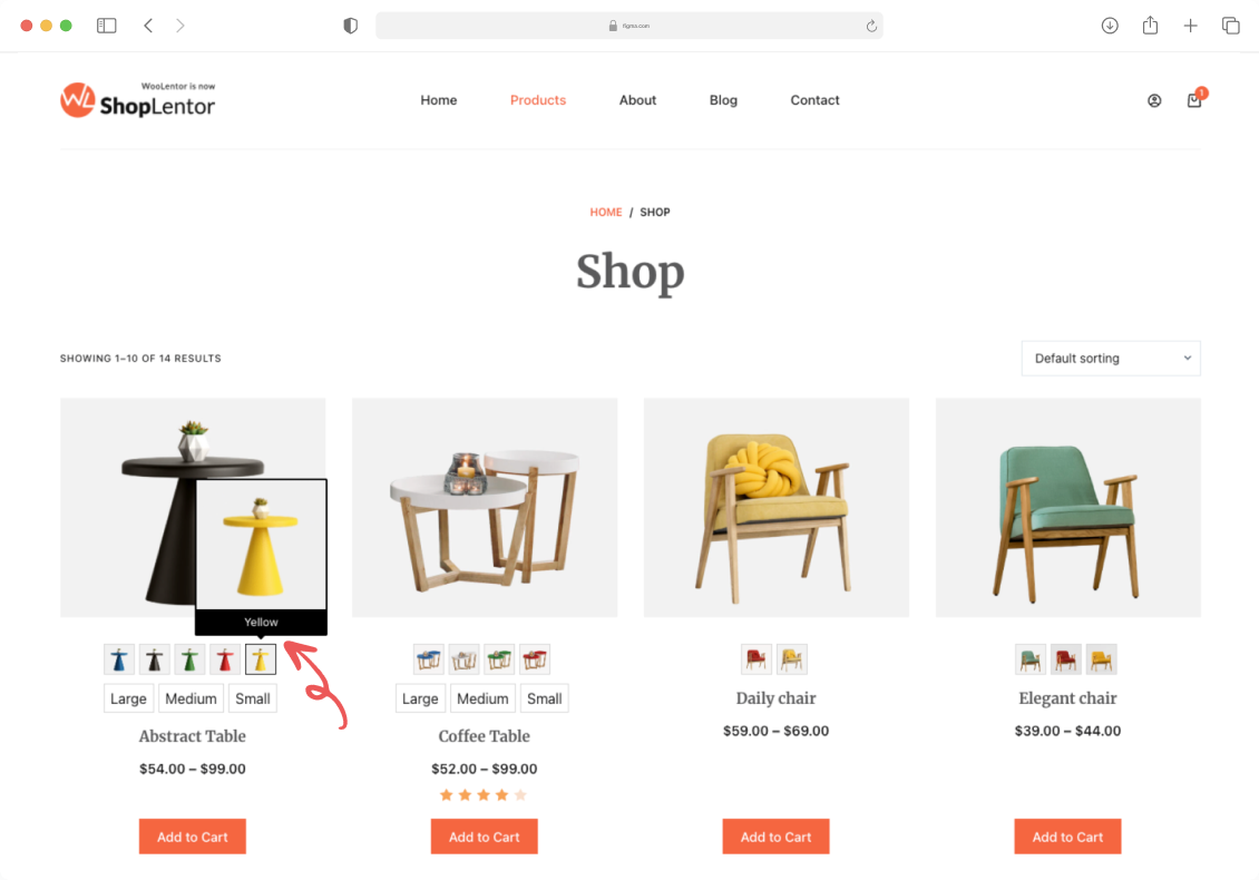 WooCommerce shop page with variation swatches showing color options for furniture on product archive grid