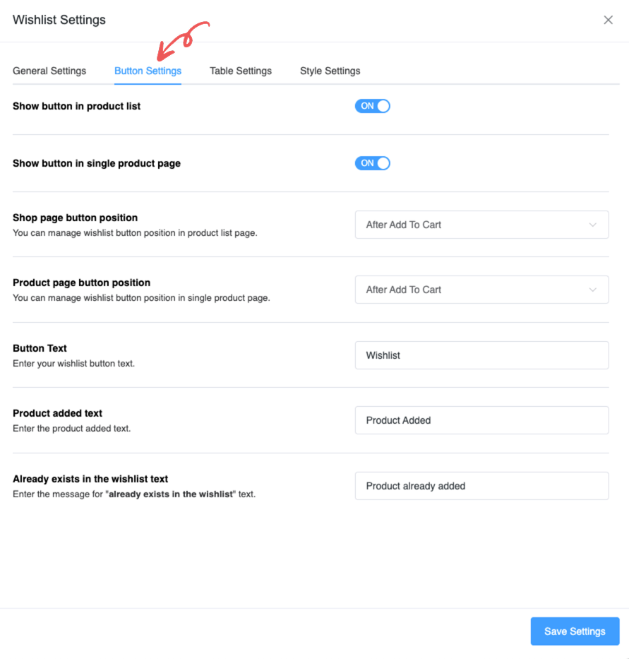 Wishlist button settings panel showing display and position options.