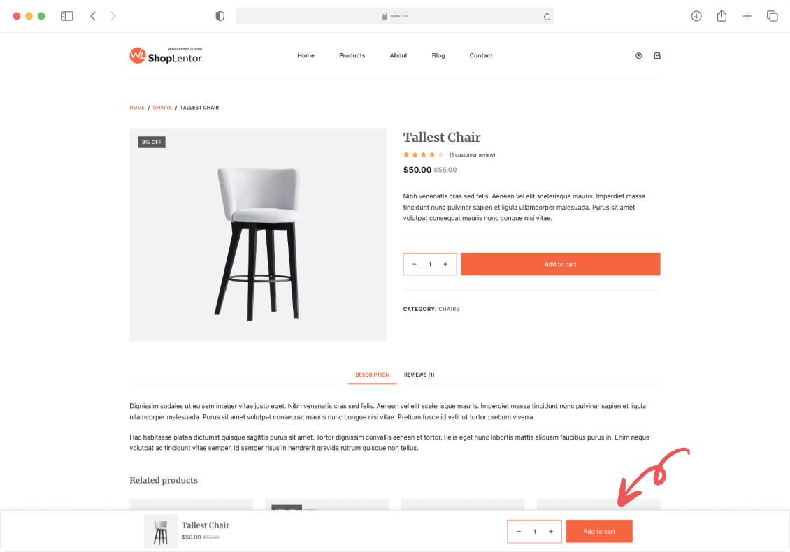 ShopLentor Sticky Add to Cart module showing persistent purchase button that remains visible while scrolling through Tallest Chair product page, eliminating barriers to conversion