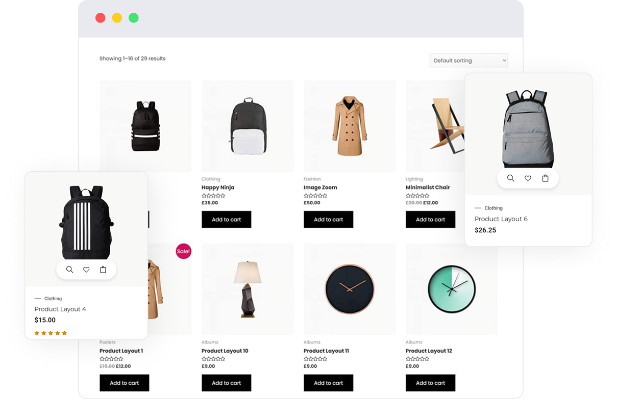 Promotional graphic for ShopLentor’s Custom Shop Templates, featuring a drag-and-drop interface with product cards displaying various clothing and accessory items, alongside text describing features like category-specific layouts, responsive grids, and customizable filters.