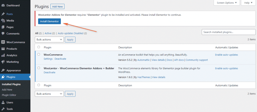 WooLentor Addons for Elementor requires Elementor Plugin