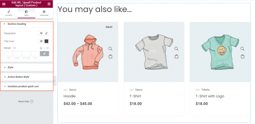 Woolentor upsell product content section heading